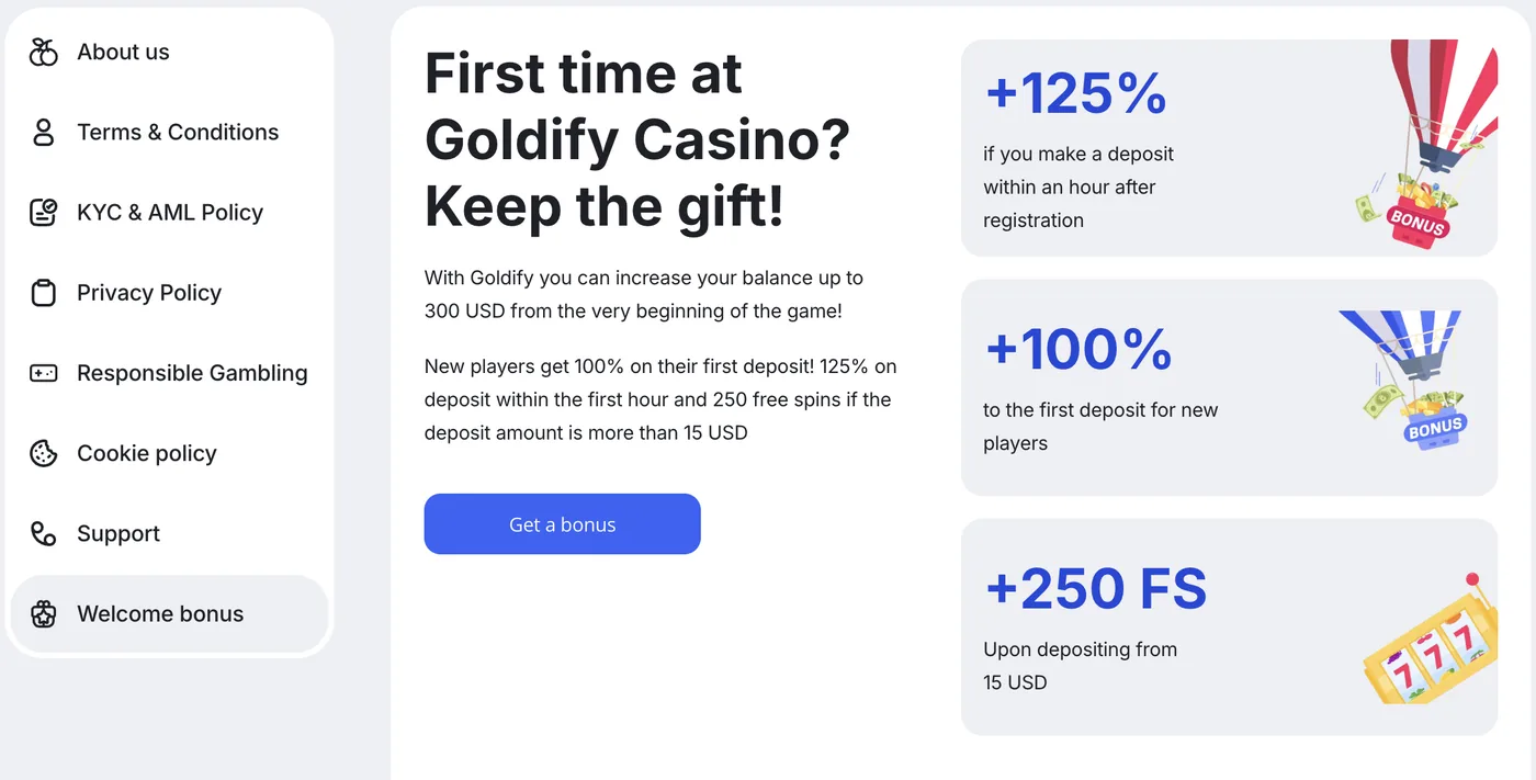 Goldify Casino welcome bonus page listing the 125%, 100% and 250 free spins offers