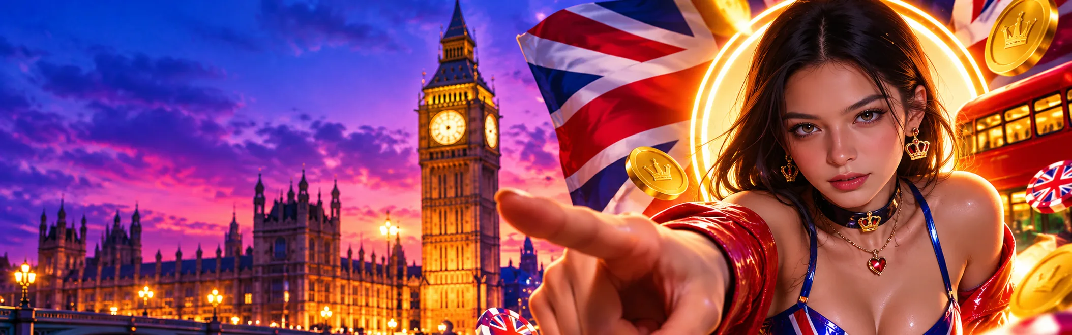 Goldify Casino UK banner with Big Ben and the Houses of Parliament at sunset, Union Jack and gold coins